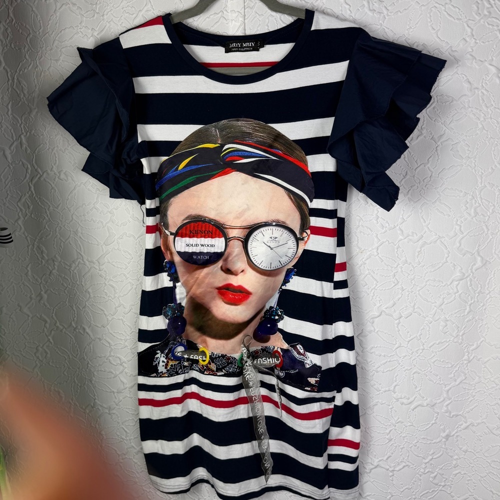MUY MUY Fancy Collection Women's Striped Graphic T Shirt Dress Ruffle Sleeve - Picture 6 of 7